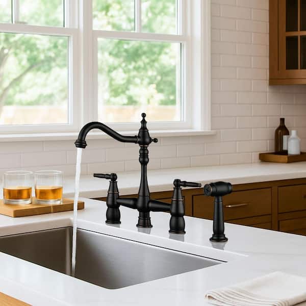 4 Hole Double Handle Bridge Kitchen Faucet with Side Sprayer Deck Mount in Oil Rubbed Bronze