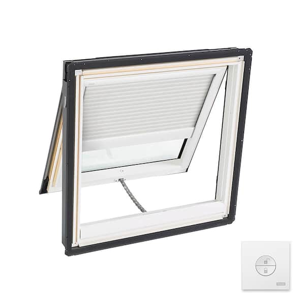 VELUX 30-1/16 in. x 30 in. Solar Powered Venting Deck Mount Skylight with Laminated Low-E3 Glass & White Light Filtering Blind