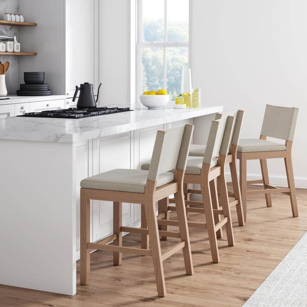 Linus Natural Flax Upholstered Bar Stools with Rubberwood Legs, Set of 4