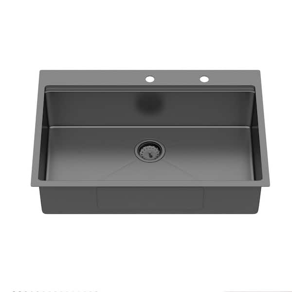 36 in. Drop-in Single Bowl 16 Gauge Black Stainless Steel Kitchen Sink and Bottom Grids