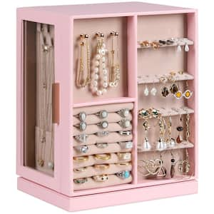 11.3 in. Pink Rectangle Wood Vertical 360 Degree Rotating Jewelry Box, Leather Jewelry Organizer with 6 Drawers