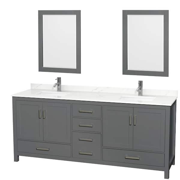 Wyndham Collection Sheffield 80 in. W x 22 in. D x 35 in. H Double Bath Vanity in Dark Gray with Giotto Quartz Top and 24 in. Mirrors