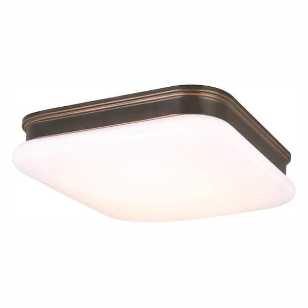 Hampton Bay 11 in. 120-Watt Equivalent Oil-Rubbed Bronze Square Integrated LED Flush Mount with White Glass Shade