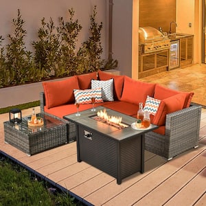 Daffodil J Gray 6-Piece Wicker Patio Outdoor Conversation Sofa Set with Gas Fire Pit and Orange Red Cushions