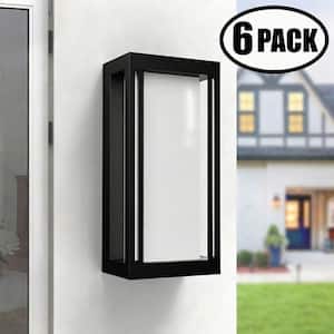 14 in. Black Modern Dusk to Dawn Dimmable Outdoor Hardwired Aluminum Wall Light Sconce Integrated LED Set of 6