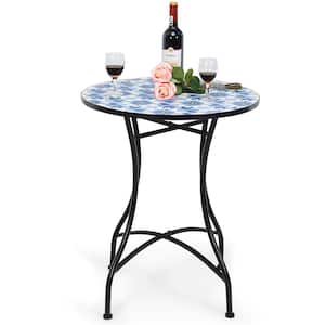 28.5 in. Round Mosaic Ceramic Outdoor Bistro Table with lant Stand Blue Flower Pattern