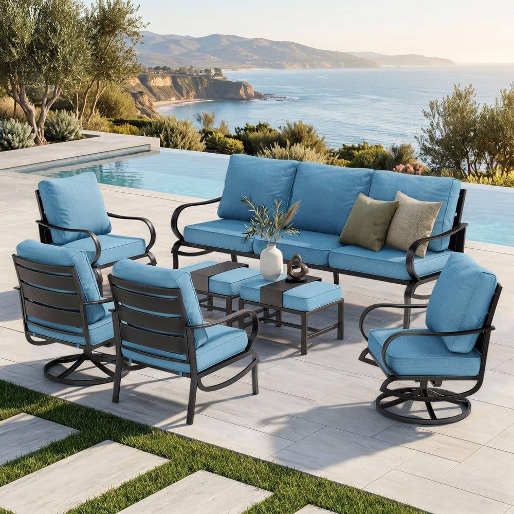 PHI VILLA Black Slatted 9-Seat 7-Piece Metal Outdoor Patio