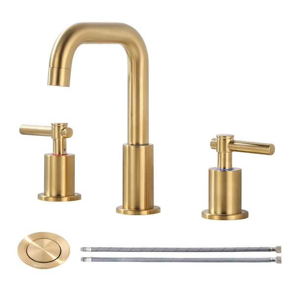 3 Hole 8 in. Widespread Double Handle High Arc Bathroom Faucet with Drain Kit Included and Supply Line in Gold