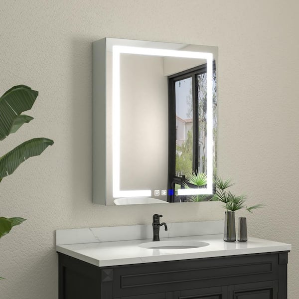 WOODSAM 24 in. W x 30 in. H Rectangular Silver Aluminum Recessed/Surface Mount Right Medicine Cabinet with Mirror and LED Light