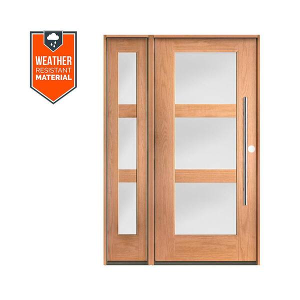Krosswood Doors Modern Faux Pivot 50 in. W. x 79 in. 3-Lite Left-Hand/Inswing Satin Glass Teak Stain Fiberglass Prehung Front Door LSL