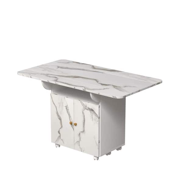 HMMHVV White MDF Wood 47.24 in. Tabletop Mobile Rolling Kitchen Island with Storage Folding Kitchen Cabinet Cart on Wheels