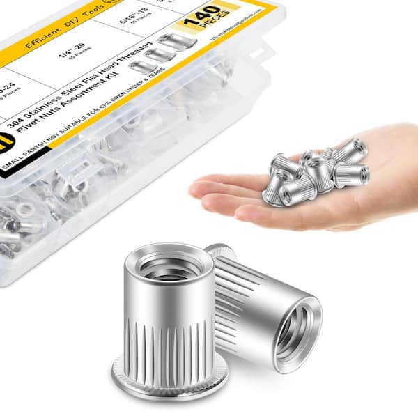 140-Piece Rivet Nut Assortment Kit, 304 Stainless Steel Knurled Nutserts, SAE #8-32 to 3/8-16