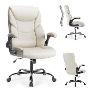 Big and Tall Executive Office Chair Ergonomic Computer Chair in White with High Back PU Leather Flip-Up Armrests