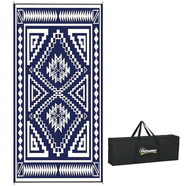 Outsunny Blue and White Square Patchwork 9 ft. x 18 ft. Waterproof Plastic Straw Floor Mat Large Reversible Outdoor Rug Area Rug