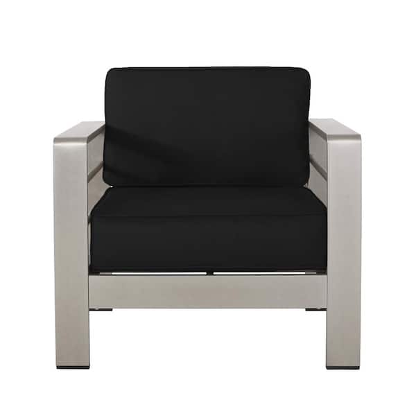 Noble House Miller Silver Aluminum Outdoor Patio Lounge Chair with Sunbrella Canvas Black Cushions
