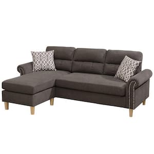 87 in. Rolled Arm 2-PieceL Shaped Fabric Modern Sectional Sofa in Brown with Chaise and Pillows