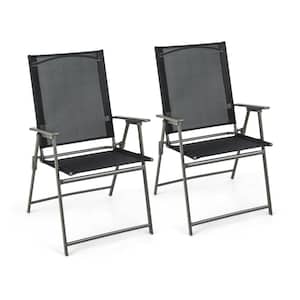 2 Pieces Metal Outdoor Folding Dining Chair in Black and Gray Set of 2 with Armrests for Deck Garden Yard