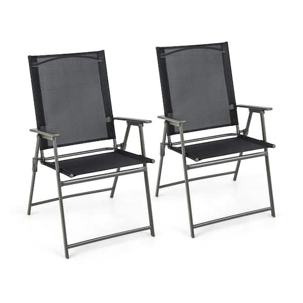 ANGELES HOME 2 Pieces Metal Outdoor Folding Dining Chair in Black and Gray Set of 2 with Armrests for Deck Garden Yard