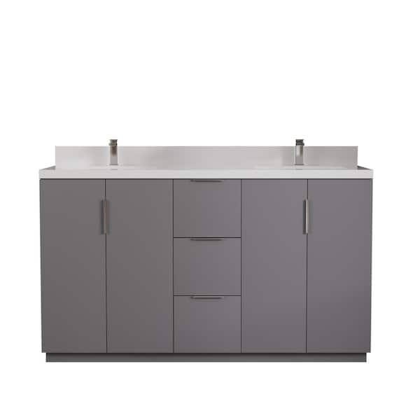 Bergen 63in. Double Sink, Gray Bath Vanity with White Engineered Stone Top.