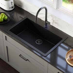 33 in. Large Single Bowl Drop-In Kitchen Sink in Black with Bottom Grid and Strainer