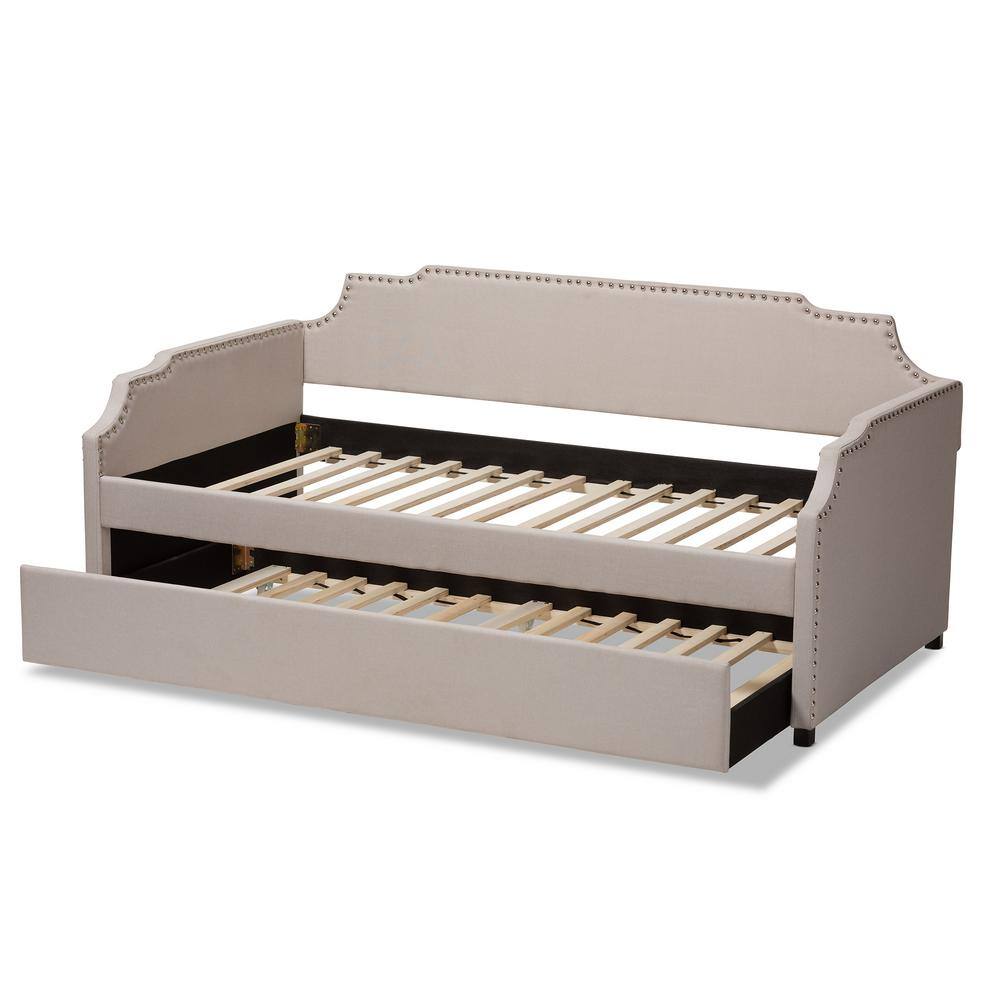 Beige Twin Upholstered Daybed with Nailhead Trim and Trundle