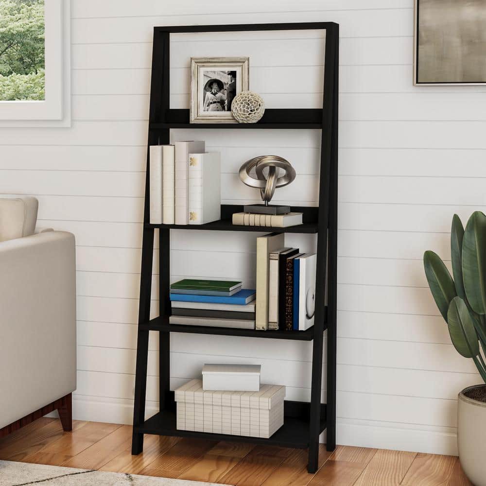 55.25 in. Tall Freestanding Wood Ladder Bookshelf, 4-Tier Bookcase with Leaning Look for Living Room or Kitchen, Black price history on PriceWatchPro