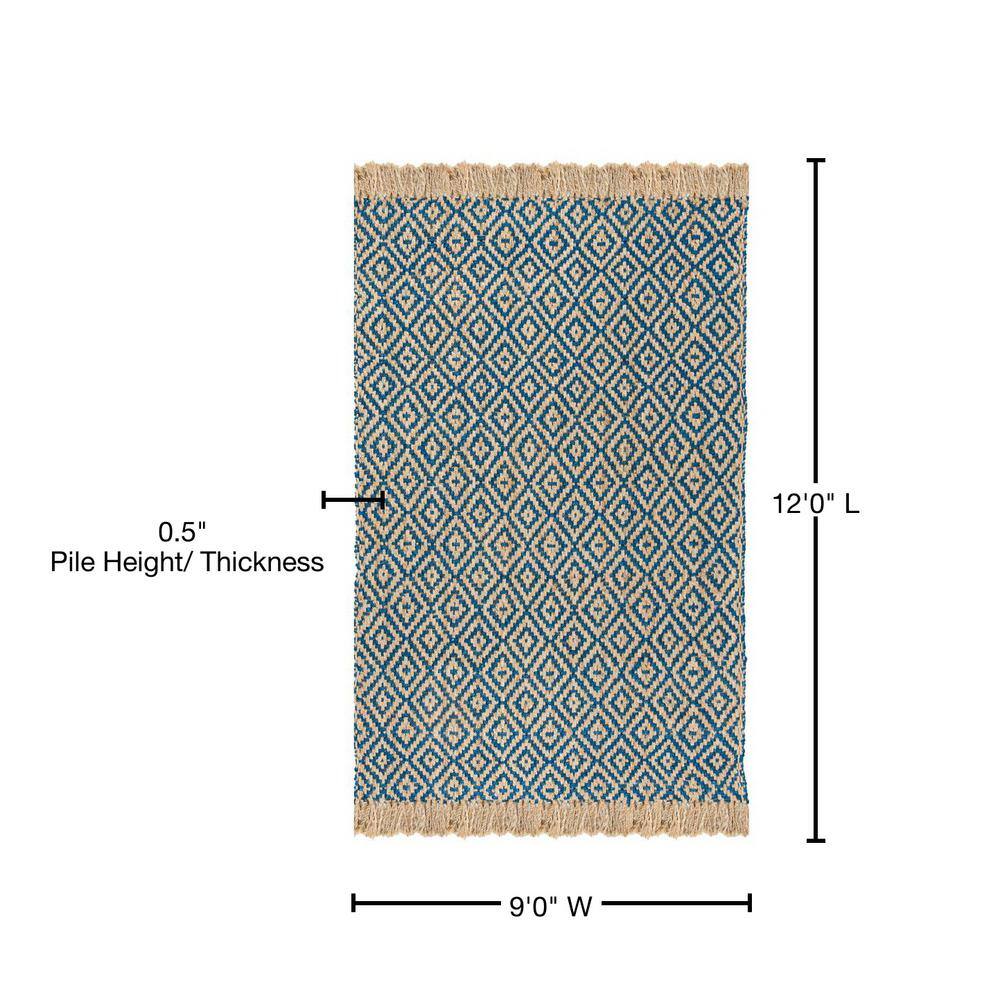 Hand-Woven Tropical Blue and Natural Jute Geometric 9' x 12' Rug