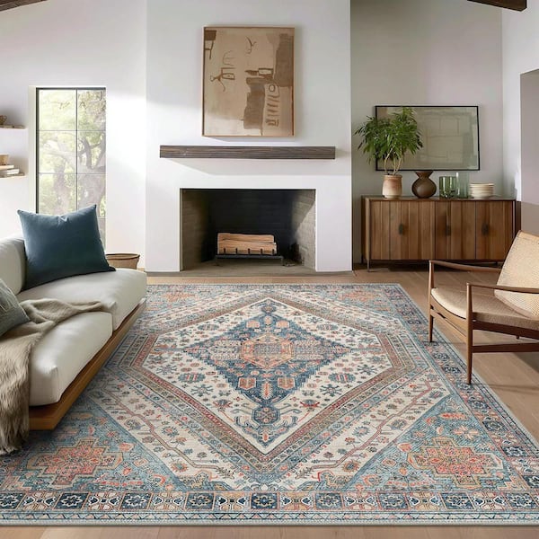 Soraya Medallion Blue/Orange 8 ft. x 10 ft. Living Room/Bedroom/Dining Room Area Rug