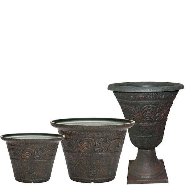 Southern Patio Tumbled Scroll 20 in. x 14 in. Rust Resin Planter Pack (Set of 3)