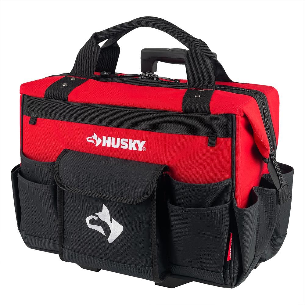 18-inch Red and Black Rolling Tool Bag with Multiple Pockets