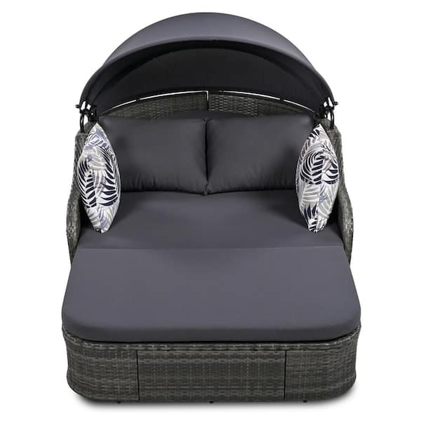 Sudzendf Gray Wicker Outdoor Day Bed with Gray Cushion and Adjustable Canopy