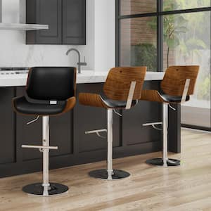 Dixie Mid Century Modern 16 in. Wood Adjustable Swivel Bar Stool in Black Vegan Faux Leather