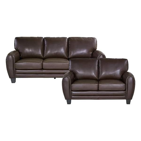 Lazzara Viggo 85 in. W Round Arm Faux Leather Rectangle 2-Piece Living Room Sofa Set in Dark Brown