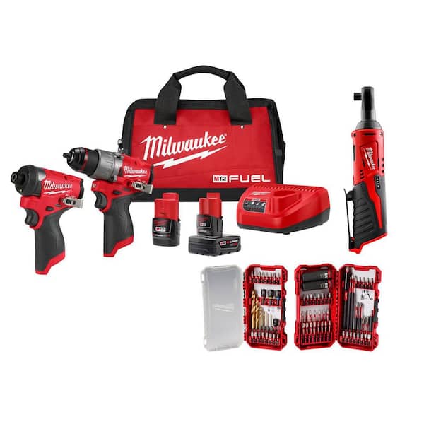 M12 FUEL 12V Hammer Drill/Impact 2-Tool Kit  Batteries, Bag with M12 3/8 in. Ratchet with 75-Pc  Bit Set