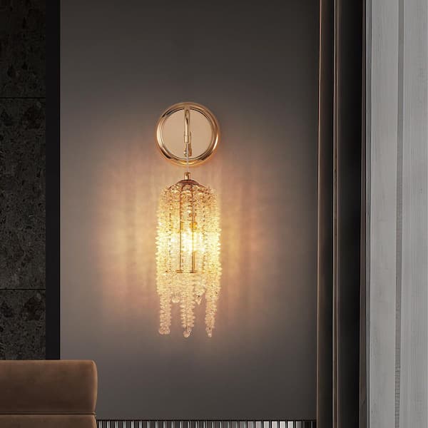4 in. 1-Light Gold Wall Sconce with Cascading Crystal Bead String Shade (Set of 2)