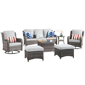 Maroon Lake Gray 7-Piece Wicker Patio Conversation Seating Sofa Set with Gray Cushions and Swivel Rocking Chairs