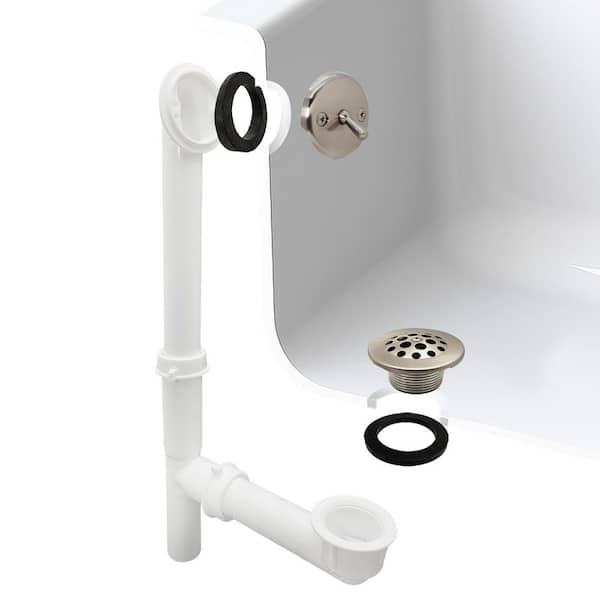 Westbrass 14 in. White Poly Tubular Bath Waste & Overflow Assembly with Trip Lever and Strainer Grid Drain Cover, Satin Nickel