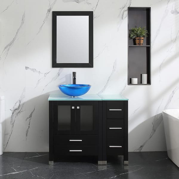 36 in. W x 21.3 in. D x 29.1 in. H Single Sink Bath Vanity in Black with Glass Top and Mirror