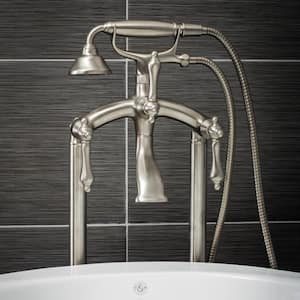 Vintage Style 3-Handle Floor Mount Claw Foot Tub Faucet with Metal Levers and Handshower in Brushed Nickel