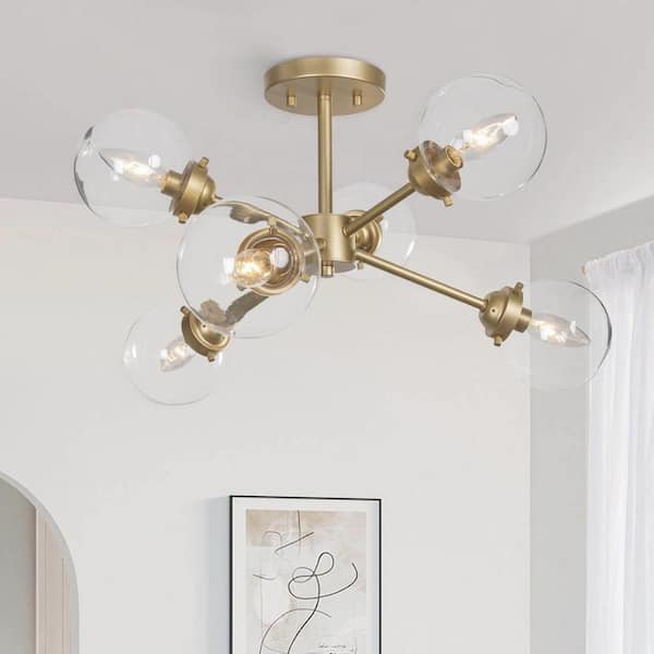 LNC Modern 25 in. 6-Light Gold Contemporary Semi-Flush Mount with Globe Clear Glass Shade and No Bulb Included