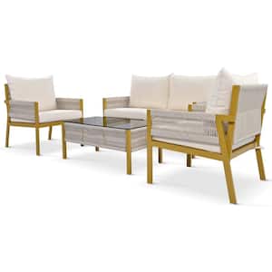 Mustard Yellow Metal Patio Conversation Set with Beige Cushions, with Tempered Glass Table