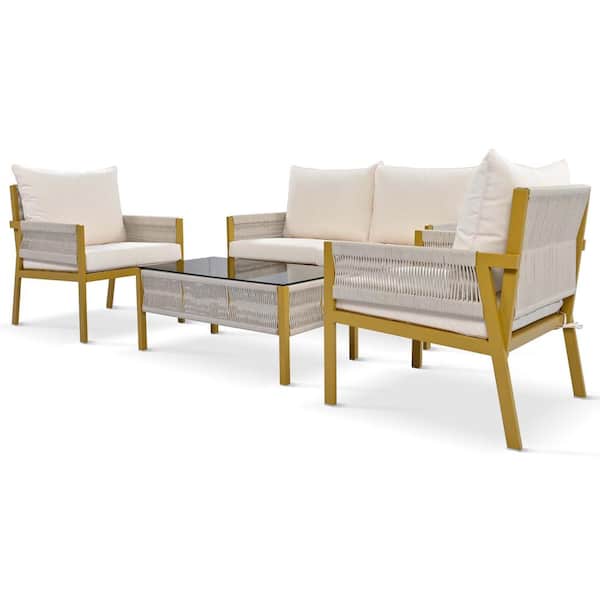 Tenleaf Mustard Yellow Metal Patio Conversation Set with Beige Cushions, with Tempered Glass Table