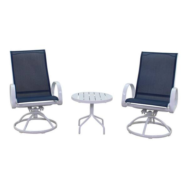 Courtyard Casual Santa Fe 3-Piece Aluminum Patio Conversation Set in White with 2 Sling Swivel Rockers and 1 Round 20" End Table
