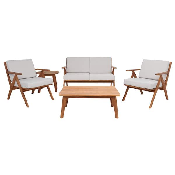 SAFAVIEH Dryad Natural 5-Piece Wood Patio Conversation Set with Light Gray Cushions