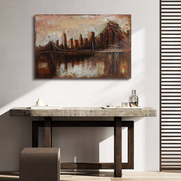 32 in. x 48 in. "Bridgescape" Mixed Media Iron Hand Painted Dimensional Wall Art