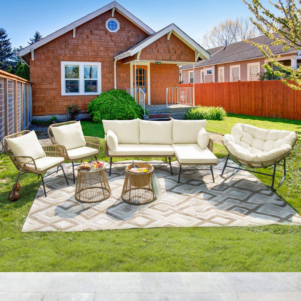 7-Piece Boho Wicker Outdoor Lounge Chair Patio Conversation Seating Set with Beige Cushion Papasan Rocking Chair price history on PriceWatchPro