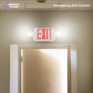 LED Bi-Color Emergency Exit Sign Combo with 2 LED Lamps, 90 Min Backup, Damp Rated, UL Listed, 120-277VAC, White, Remote