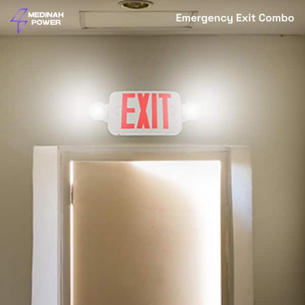 LED Bi-Color Emergency Exit Sign Combo with 2 LED Lamps, 90 Min Backup, Damp Rated, UL Listed, 120-277VAC, White, Remote