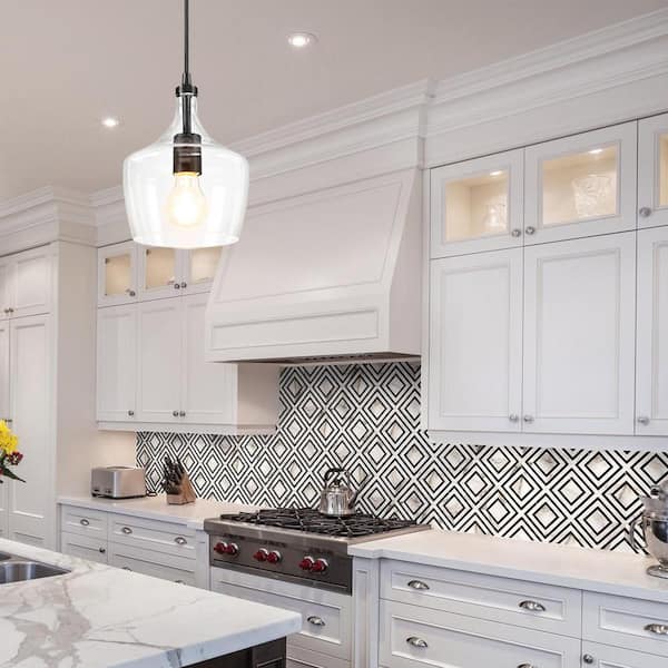 1-Light Kitchen Island Teardrop Clear Glass Pendant with Black finish