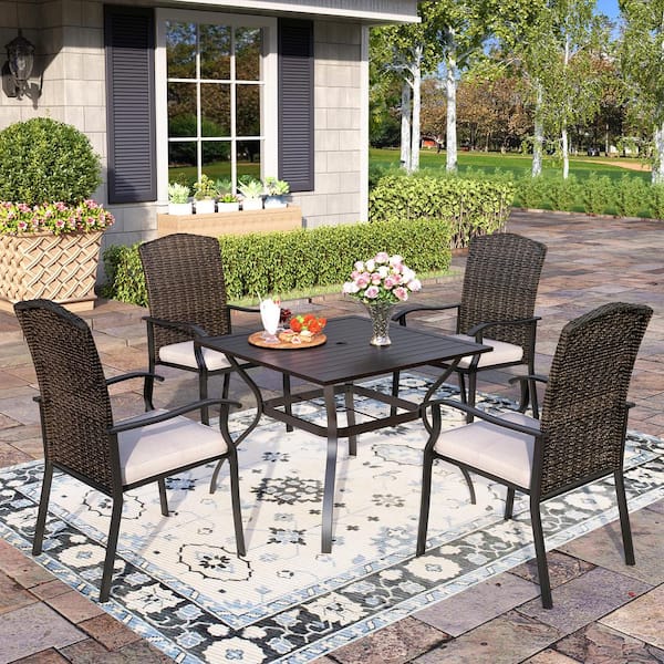 PHI VILLA Black 5-Piece Metal Patio Outdoor Dining Set with Slat Square Table and Rattan Chairs with Beige Cushion